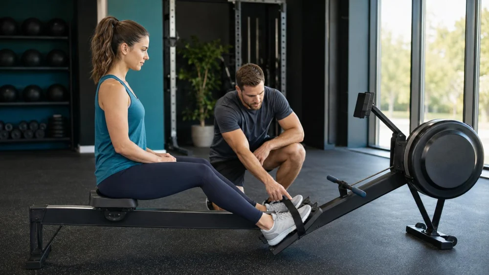 Gym Rowing Machine Setup: Foot Straps, Damper, and Pace